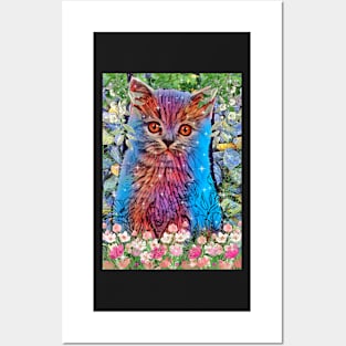 Cute kitten sitting in garden of pink flowers Posters and Art